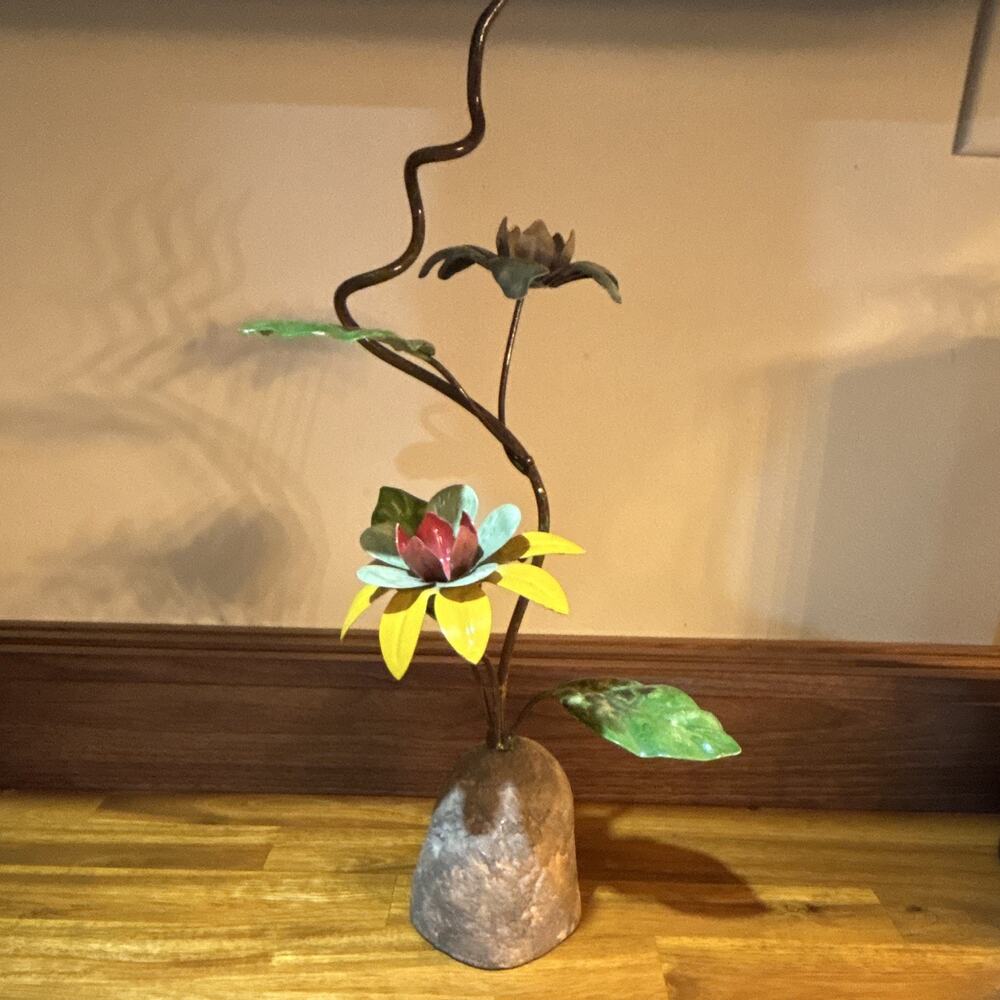 Painted Metal Flower Figurine, Multicolor Floral Decor, Free Standing, 12 in